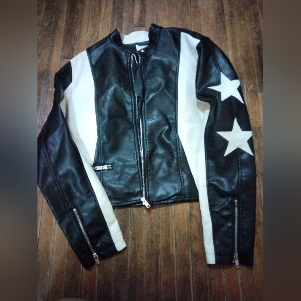 Chic Black and White Star Leather Jacket